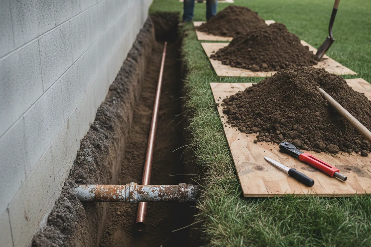 Excavated water line trench during Water Softener Installation in Allons